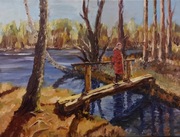 Dziewczyna na mostku - obraz olejny 40 x 30 cm - Ambroży Gołombek 