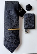 Elegancki Biznesowy Zestaw Krawat Poszetka Spinki Wesele - Czarny