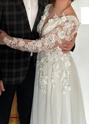 Suknia ślubna koronkowa 3D tiulowa długi rękaw XS biała romantyczna