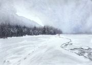 Spacer wzdłuż zamarzniętej rzeki. 30/42cm. Original Akwarela A3