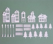 Scrapki Papierowe - Baza Zestaw DOMKI BUDYNKI DRZEWA białe.