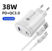 Szybka ładowarka z kablem do transmisji danych typ-c 38W. Standard UE.