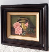 Obraz olejny martwa natura – róże w wazonie, sygnowany, vintage, 1950/70