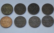 II RP.Zestaw 8 x 5 groszy,różne roczniki.