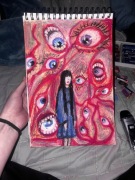 rysunek pastele olejne kobieta otoczona oczami, autorka: Weronika Nalepa