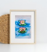 Akwarela A4 "Herbata owocowa" malowane filiżanki, malina, dzika róża