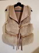 Piękna kamizelka bezrękawnik z futerkiem S beż/złoto