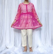 Bluzka tunika różowa róż S M haftowana etno boho orient szyfon lekka