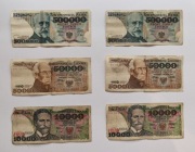 Banknoty PRL zestaw 6 szt 500000 50000 10000 zł stare złote 1988-1990