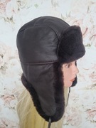 Czapka papacha skórzana brązowa 