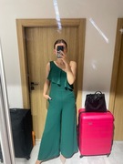 Zielony kombinezon elegacki asymetryczna falbanki wide szerokie dzowny