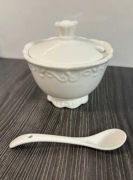 Nowa Cukiernica z łyżeczką porcelana biała styl dworkowy Shabby