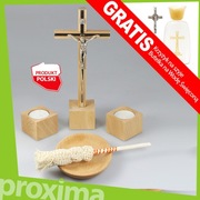 DREWNIANY JASNY KOMPLET KOLĘDOWY Krzyż Świeczniki Kropidło Miska na KOLĘDĘ