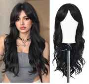 Peruka długa falowana czarna brunet z grzywką naturalna 65 cm