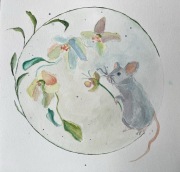 Obraz akwarela mysza w kwiatach 