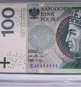 Banknot 100 złotych 2018. SOLID! Seria EJ1111111. Rzadkość. Super stan!