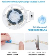 Taśma pasek LED biały zimny 3m czujnik ruchu USB 5V wodoszczelna IP65