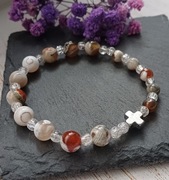Bransoletka różaniec – agat w barwach ziemi i popękany kryształ 