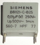 Kondensator SIEMENS 0,01uF 250V 19x17x7mm raster 15mm.
