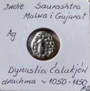 INDIE Drachma Saurashtra Malwa i Gujarat Dyn. Calukjów 1050 - 1150 A.D Ag