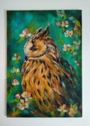 Obraz olejny 21x30 cm PTAKI KWIATY NATURA ręcznie malowany 