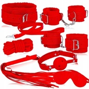 zestaw bdsm czerwony knebel opaska gwizdek pejcz kajdanki