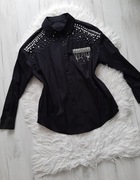 Piękna czarna koszula zdobiona cyrkoniami i perłami L 40