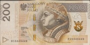 Banknot 200 zł – radar – BS9449449 – palindrom – stan AU/EF