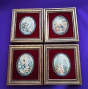 Zestaw 4 obrazków vintage na jedwabiu / satynie – miniatury w ramkach retro