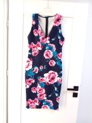 ciemnoniebieska granatowa sukienka w róże różyczki z dekoltem V 40L M