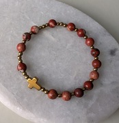 Bransoletka różaniec na rękę z kamieni jaspis hematyt krzyżyk 