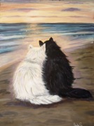 Razem o zachodzie słońca – obraz akrylowy 55x75 koty plaża, morze.
