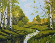 OBRAZ RĘCZNIE MALOWANY PEJZAŻ AKRYLOWY "SZUS BRZÓZ" - 24x30cm