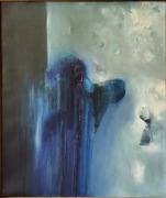 Stary obraz olejny. Abstrakcja w odcieniach kobaltu. Sztuka PRL.