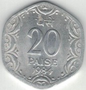 Indie 20 pajs paise 1984 H - 26 mm - Hajdarabad