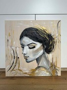 Obraz nowoczesny beż złoto kobieta akryl 60x60 cm