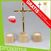 DREWNIANY JASNY KOMPLET KOLĘDOWY Krzyż Świeczniki - Zestaw na KOLĘDĘ
