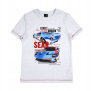 Koszulka bawełniana chłopięca z motywem aut biała rozm. 128