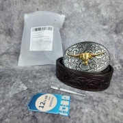 Nowy Pasek Western Cowboy Skóra Bull Buckle Brązowy Sansths 100cm