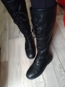 (40/41) Czarne, sznurowane kozaki oficerki biznesowe, Nowe 