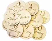DREWNIANE TABLICZKI KARTY Z MIESIĄCAMI DO ZDJĘĆ DZIECKA 15szt. PIERWSZY ROK