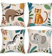 Poszewka na poduszkę, dżungla, leniwiec, zebra, słoń, tygrys, 50x50cm,4szt.