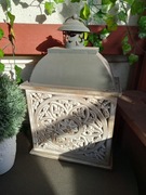 LAMPION LATARNIA ŚWIECZNIK BIEL DREWNO SZKŁO MANDALA ŚWIĘTA RUSTYKALNY BOHO