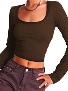 Crop top, Top z długim rękawem, kolor ciemna kawa, rozmiar L