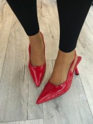 (42/43) Czerwone czółenka szpilki wieczorowe z odkrytą piętą, NOWE 
