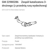 Camaro katalizator 22980285, wydech , tłumik kolektor wydechowy dolotowy 