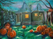 Chatka Hagrida, Halloween, 30x40 akryl, dynie, NOWOŚĆ