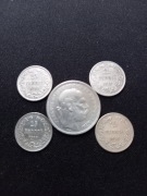 1 Korona 1895 r bardzo rzadki rocznik i 4 szt 25 Pennia z 1916 r, srebro