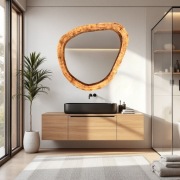 drewniane lustro do łazienki w designerskim kształcie