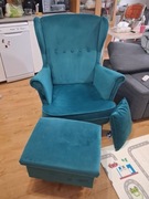 Fotel uszak bujany + pufa schowek, 2 zestawy nóg, turkus